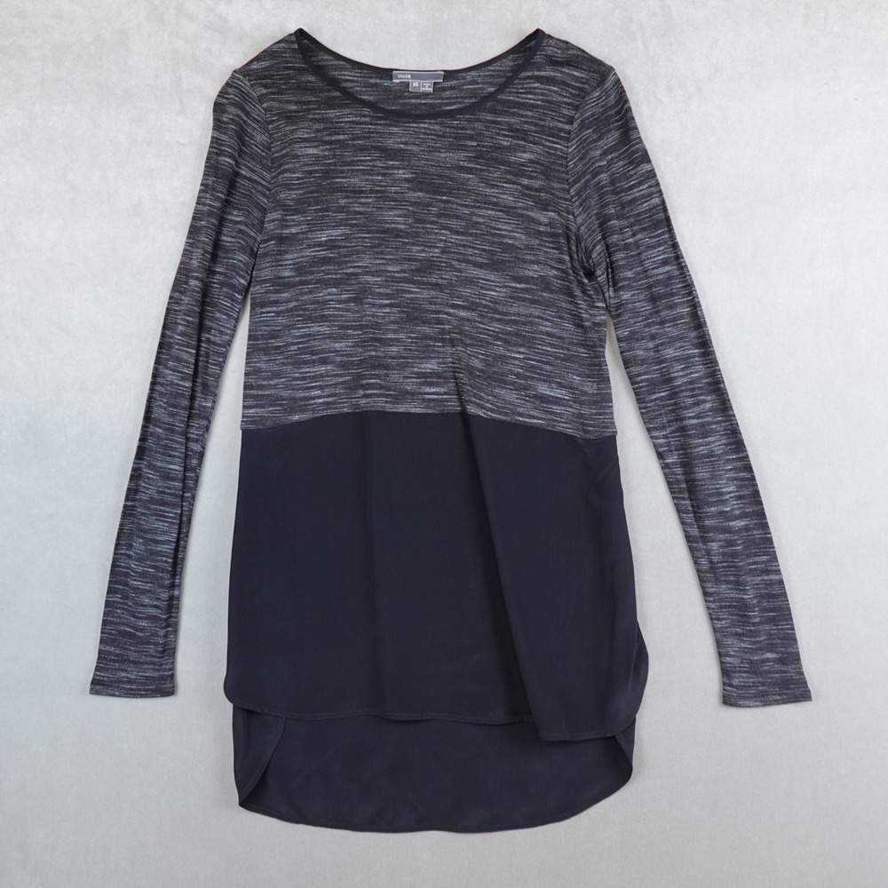Vince Tunic Top Long Sleeve Mixed Media Women XS Gray Classic Flowy Side Slit
